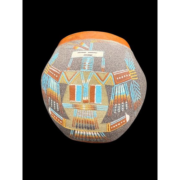 Vtg Native American Navajo Sand Art Decorative Pottery Vase Signed JR Whiterock - Picture 3 of 7